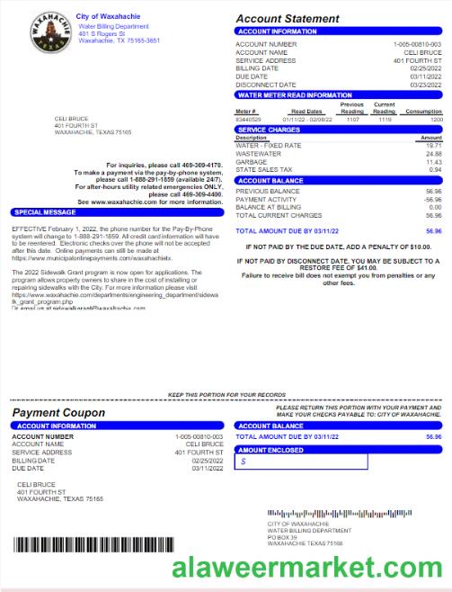 USA CITY OF WAXAHACHIE utility bill Word and PDF template